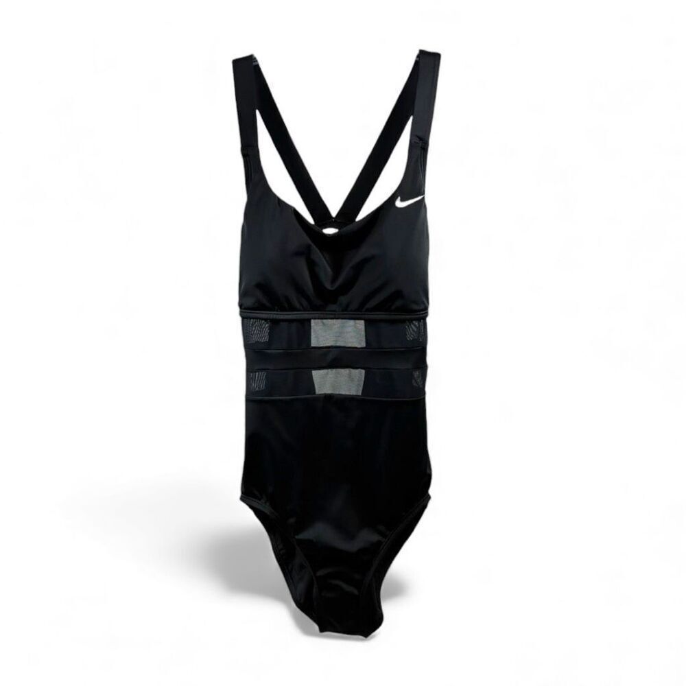 Nike NWT Swim One Piece Sheer Mesh Detailing in Black Size L